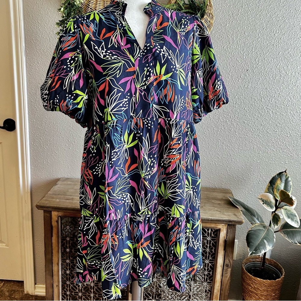 THML Navy Blue Patterned Puff Sleeve Mini Dress